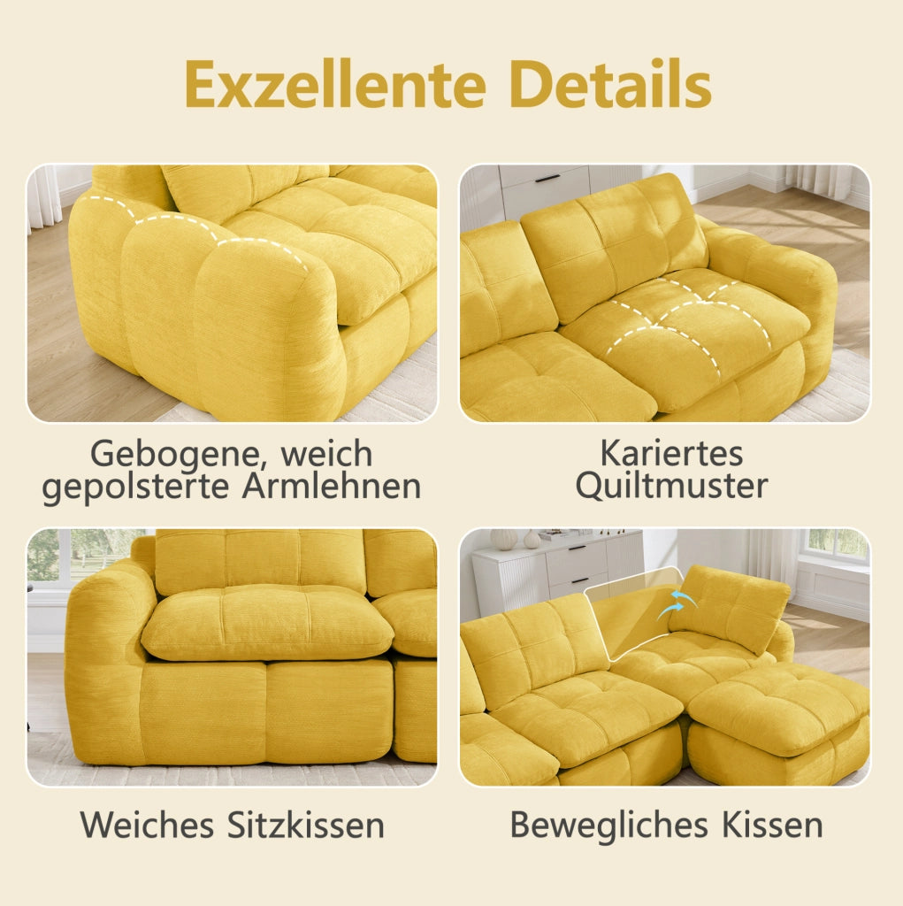 Divano modulare 2 posti in chenille gialla 194x97x68 cm con seduta profonda