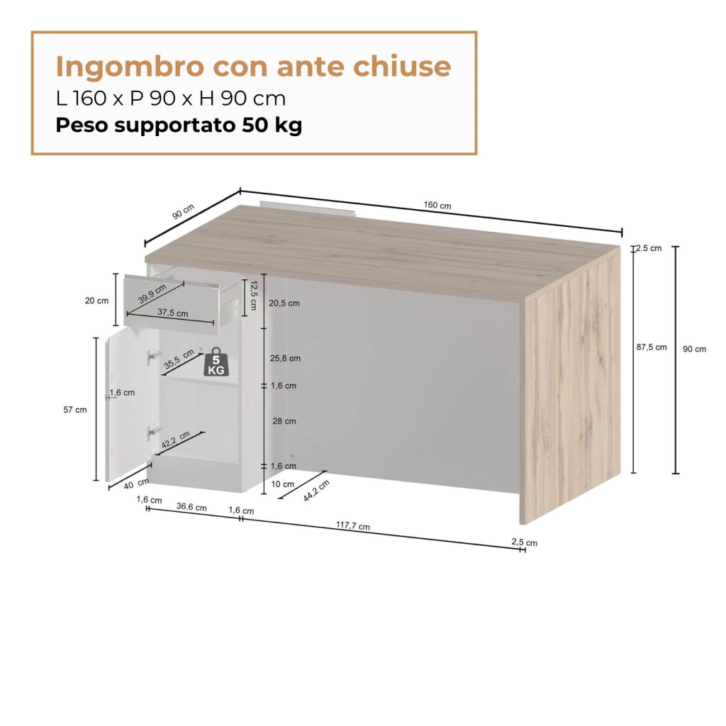 WHOUS Isola da cucina Sole a 2 ante e 2 cassetti bianco lucido e rovere 160x90x90 cm