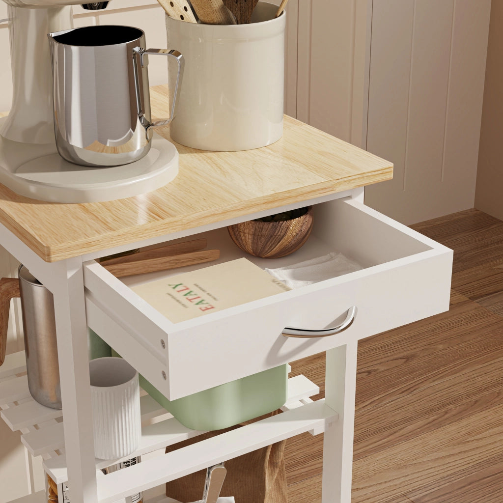 Carrello Portaoggetti Biel con Cassetto 3 Ripiani e Griglia Portabottiglie 76x37x37 cm - Bianco / Effetto Legno [en.casa]