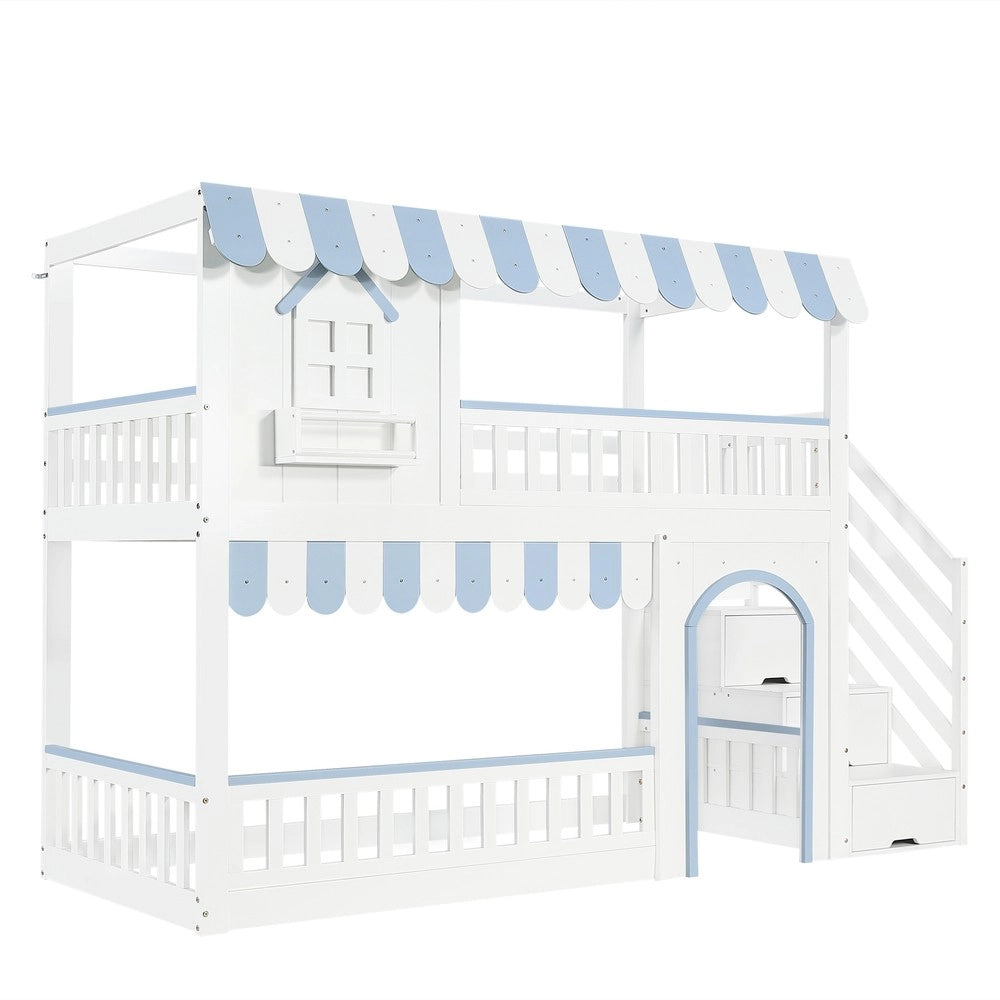 Letto a Castello Bambini con Scala e Cassetti ¨C Xylo ¨C Pino/MDF, Bianco e Blu, 90x200