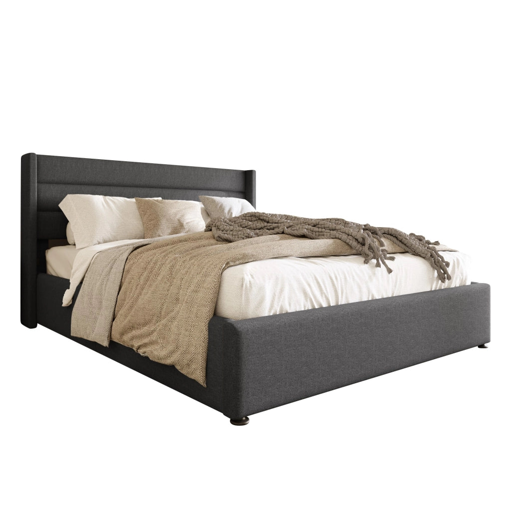 Letti contenitori 160x200 cm; sollevamento idraulico; lino; grigio (Senza materasso)