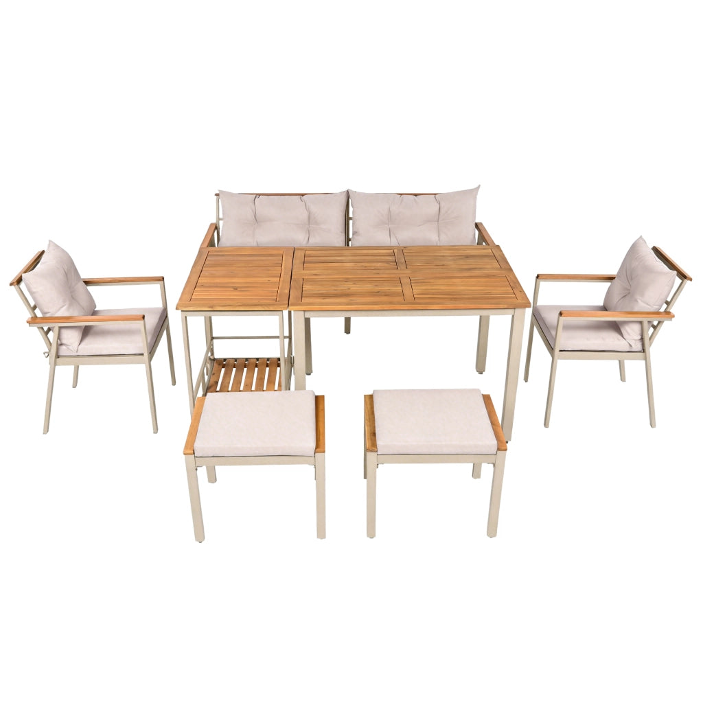Set Tavolo e Sedie da Giardino con 1 Divano 2 Posti; 2 Sedie; 2 Sgabelli; 1 Tavolo e 1 Carrello; Acacia; Metallo e Tessuto; Beige e Naturale