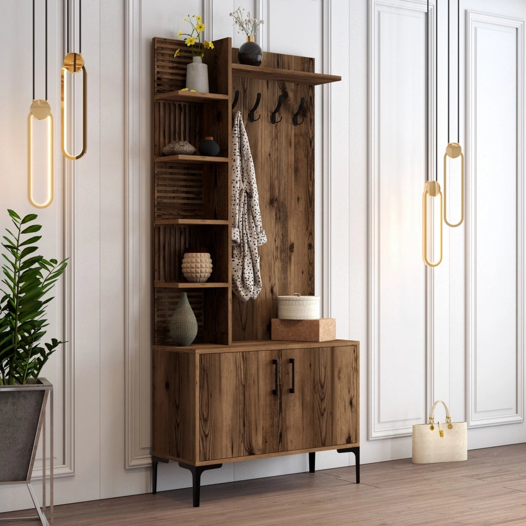 Pecchi, Mobile da Ingresso 8 Ripiani, 90x35x200h cm Marrone Noce
