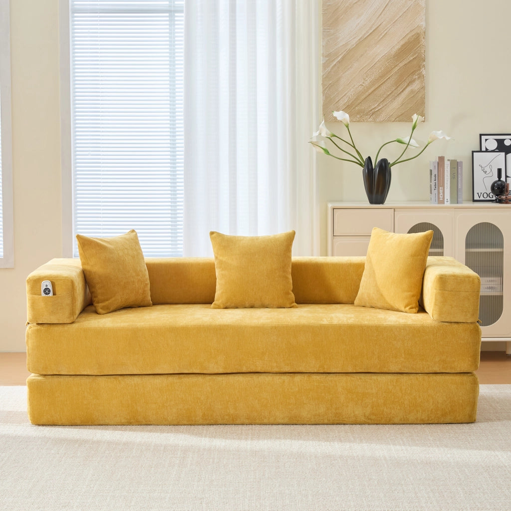 Divano modulare in ciniglia con tasche laterali, base antiscivolo e montaggio rapido, giallo senape 198 × 79 × 60 cm