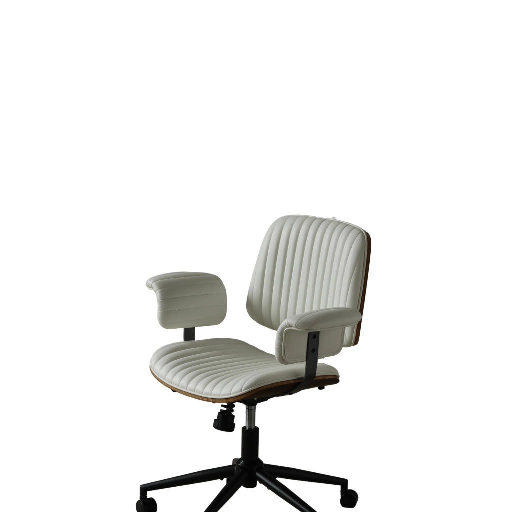 Poltrona da ufficio girevole in pelle PU beige con braccioli imbottiti e base in metallo