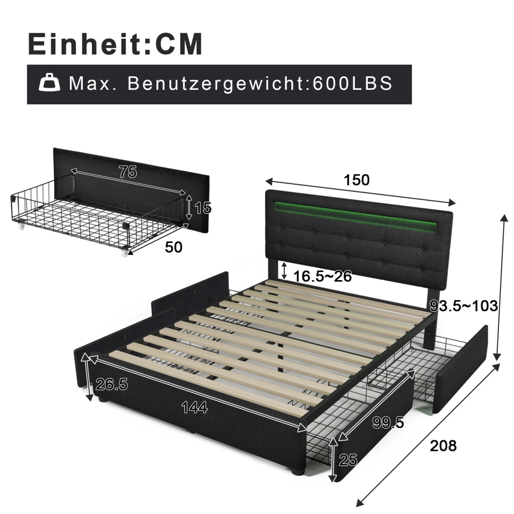 Letto matrimoniale imbottito LED con 4 cassetti e materasso