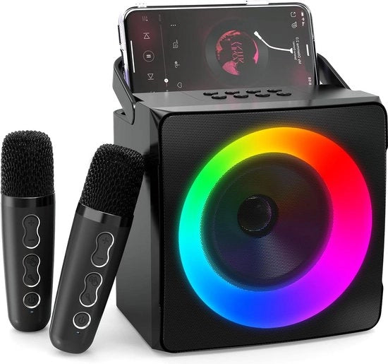 Impianto karaoke per adulti Macchina karaoke portatile con microfoni a onde radio e illuminazione dinamica per feste in casa - set karaoke per adulti in nero