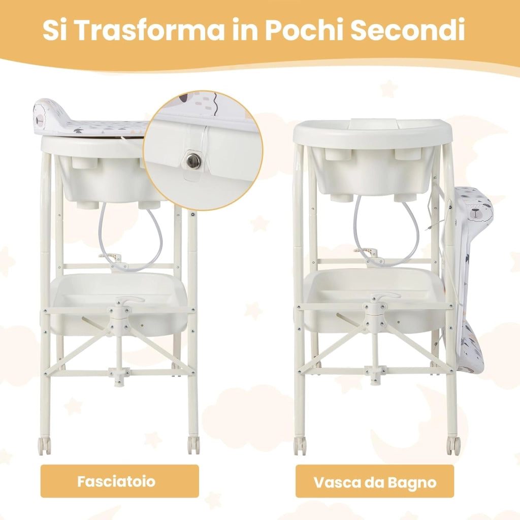 Fasciatoio con Vaschetta Bagnetto 2 in 1, Vasca da Bagno Pieghevole per Bambini, Fasciatoio con Materassino, Cestino Portaoggetti, Ruote con Freno, Portata 35kg+15kg (Bianco)