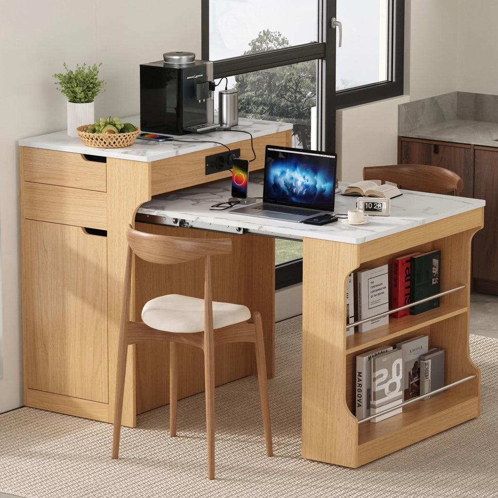 Tavolo da pranzo allungabile con 2 cassetti e vani; prese integrate - per cucina - 55×80×93 cm - naturale