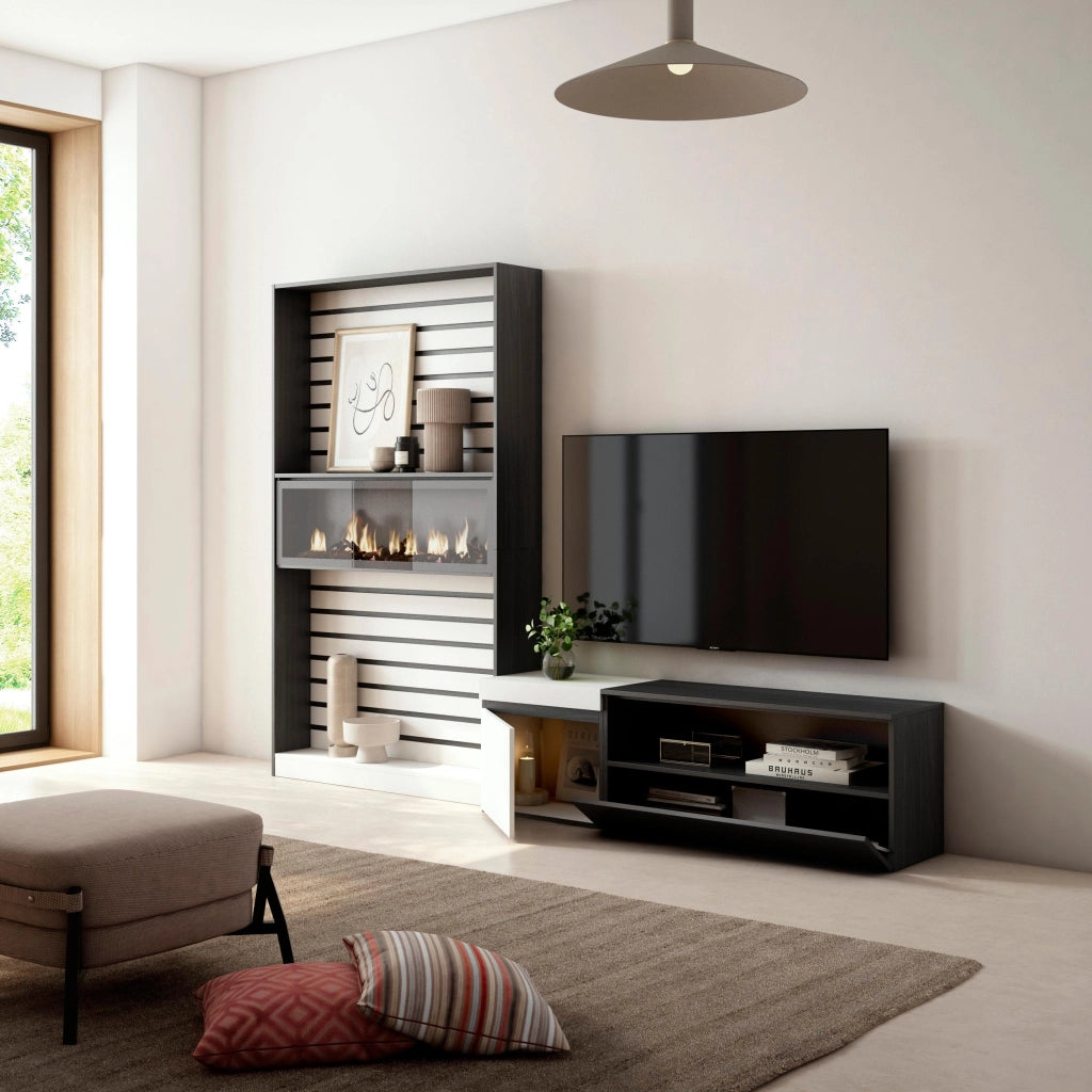 Mobile TV, Soggiorno, 260x35x186cm, Per TV fino a 65", Camino elettrico, Bianco e nero RF2550
