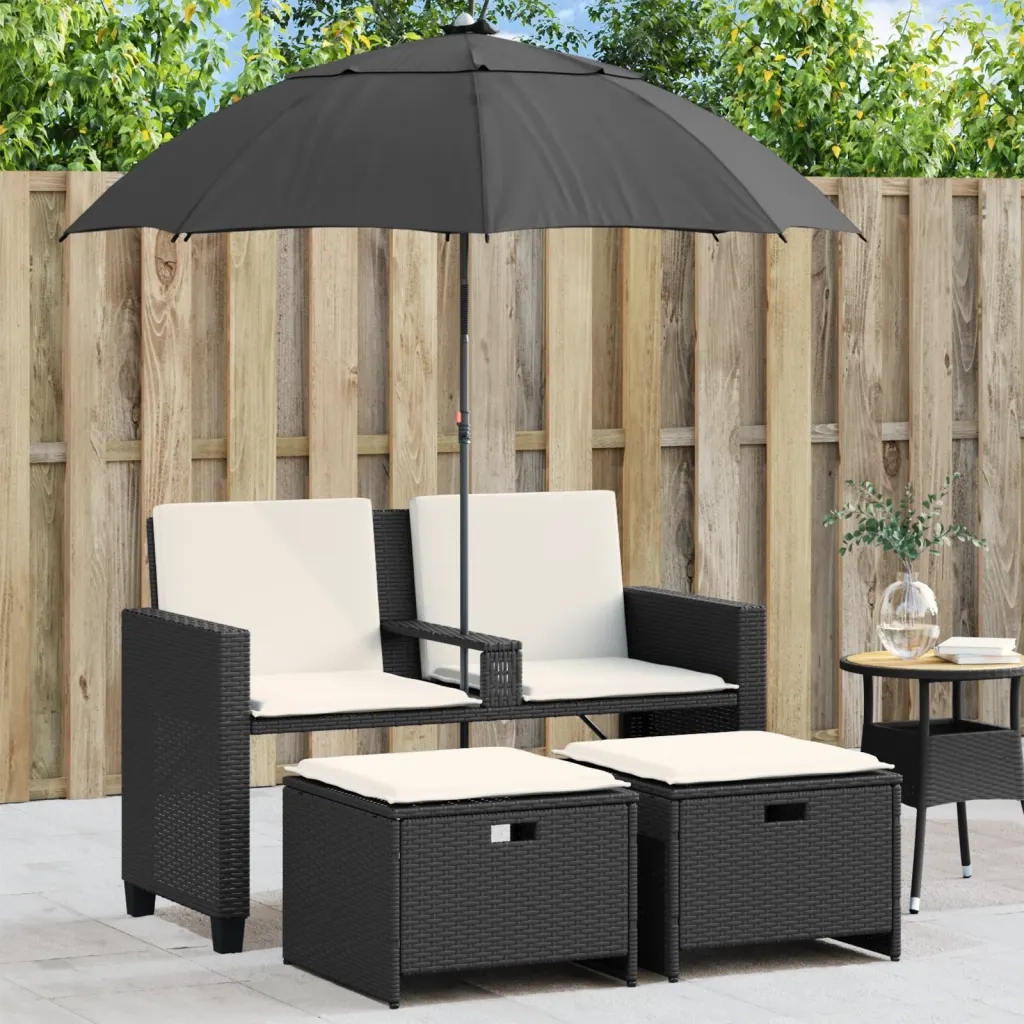 Divano Giardino 2 Posti-Sofa da Giardino-Divanetto da esterno Ombrellone e Sgabelli Nero Polyrattan 231656