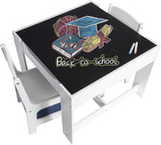 Set di Tavolo e Sedie di Prima Infanzia Quadrato con Lavagna da Giocare 3 in 1 Mobili Scrivania Versatile per Cameretta Sala Regalo Creativo per Bimbi 2-6 Anni Colore Bianco e Grigio