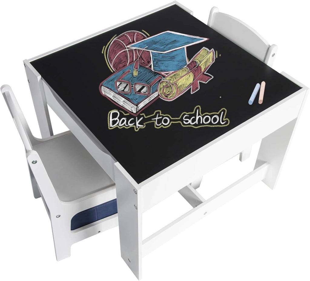 Set di Tavolo e Sedie di Prima Infanzia Quadrato con Lavagna da Giocare 3 in 1 Mobili Scrivania Versatile per Cameretta Sala Regalo Creativo per Bimbi 2-6 Anni Colore Bianco e Grigio