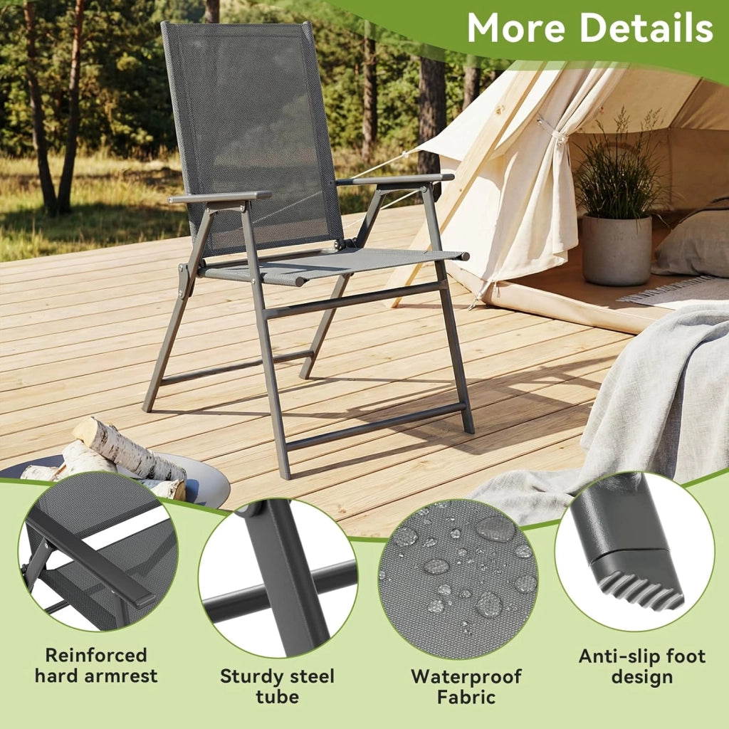 Set di 4 Sedie da Giardino Pieghevoli, Sedie da Campeggio con Schienale e Braccioli, Struttura in Metallo, Portata 121kg, Sedia Pieghevole Leggera per Balcone, Terrazza, Grigio Scuro