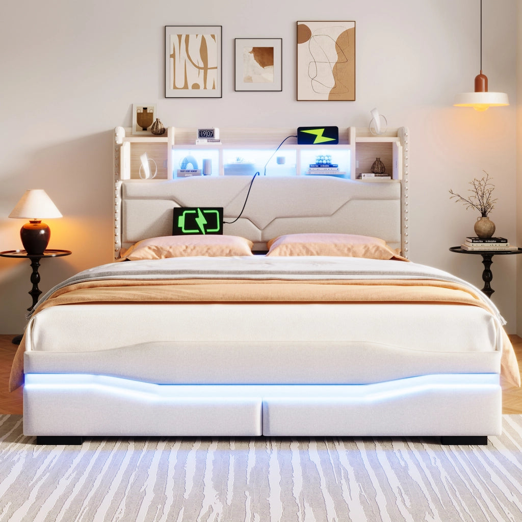 Letto Contenitore Letto Matrimoniale 140x200 cm con USB; Type-C; LED e vano testiera - Beige