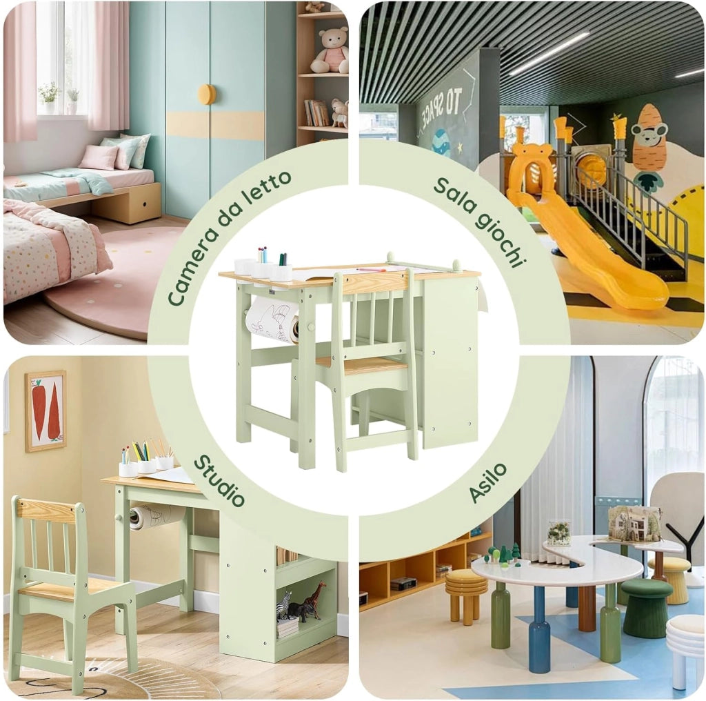 Tavolino Bambini con 1 Sedia, Set Tavolo e Sedie per Bambini Multiattività con 2 Ripiani, Tavolo Disegno e Gioco, Sedia Scrivania Cameretta Verde 80x50x66cm KMB60-GR