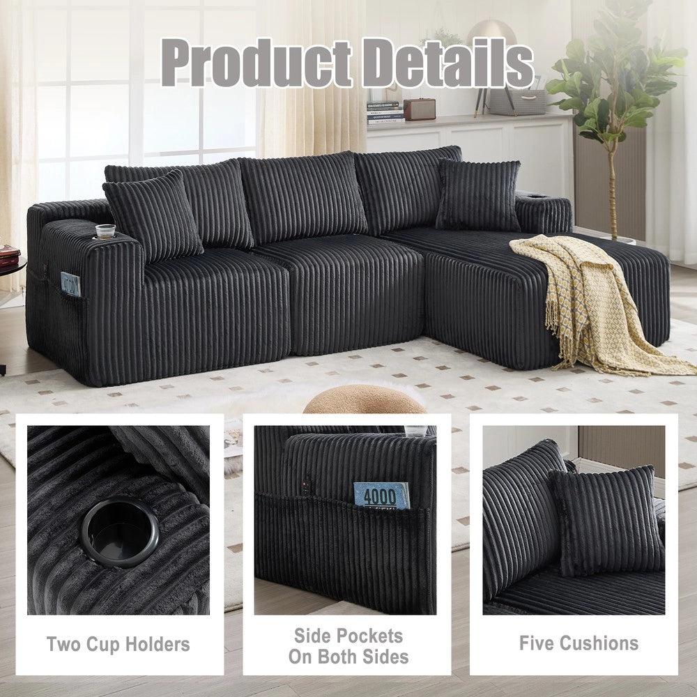 Divano con Chaise Longue 2 Posti ¨C Minimal ¨C Tessuto, con Cuscini