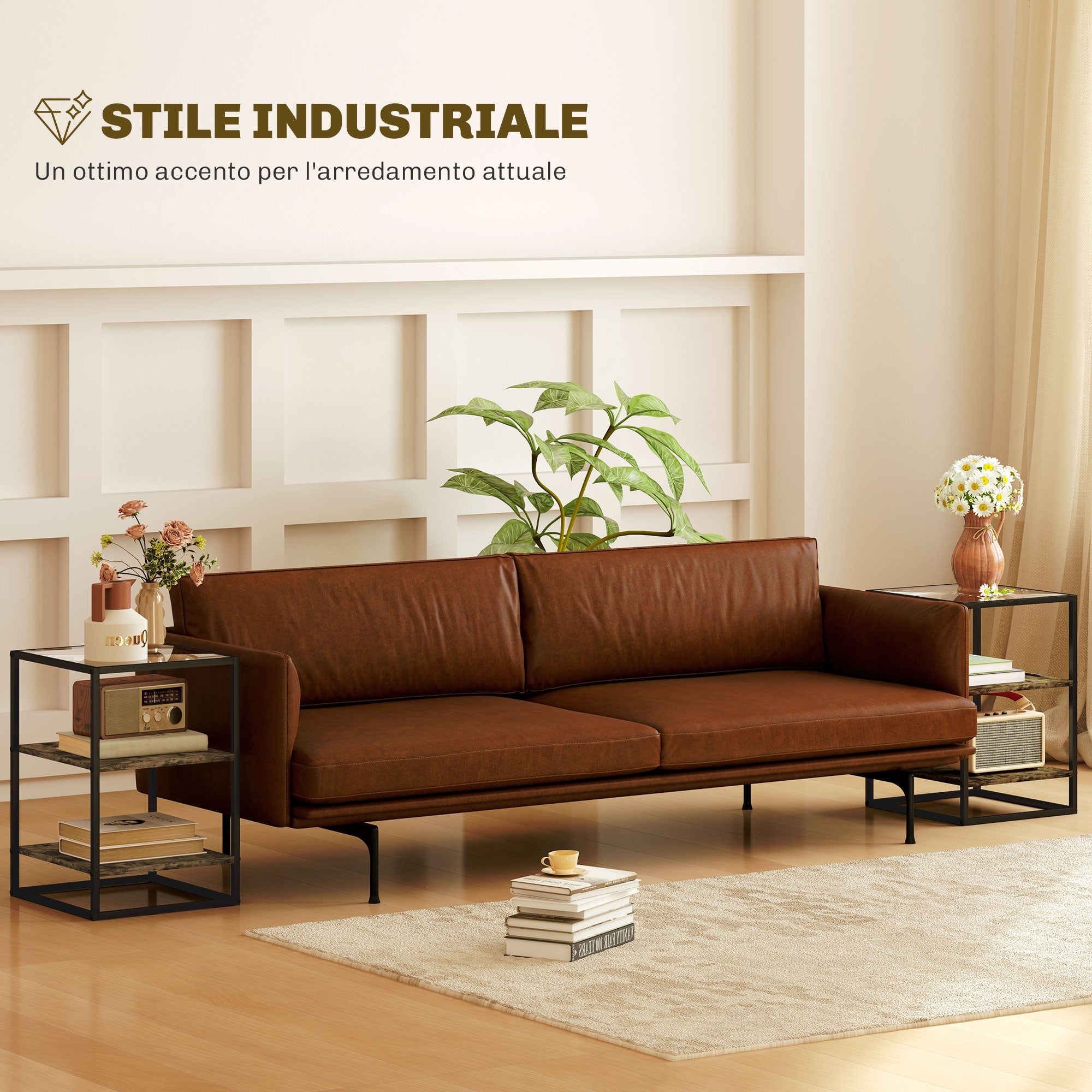 Set 2 Tavolini a 3 Livelli in Legno e Metallo con Piano in Vetro Temperato 37x40x55,5 cm Marrone