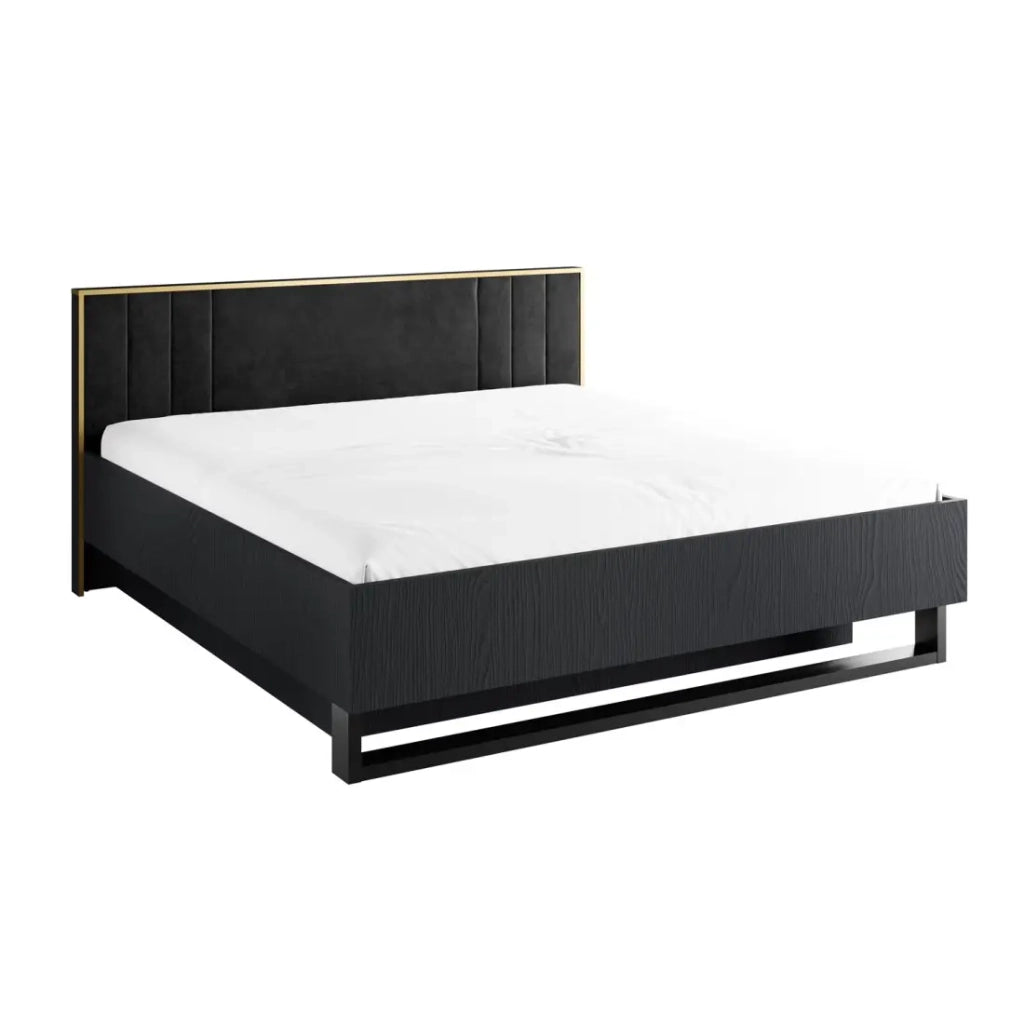 Letto MONDO – 160x200 cm – Nero strutturato e dorato – Piedi in metallo – Rete inclusa
