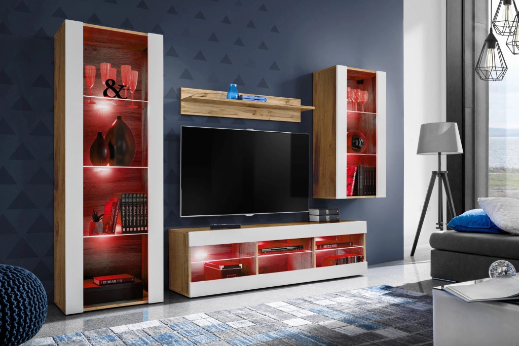 Set Di Mobili Porta TV Tivoli Medio, Komodee, Wotan/Bianco, LED RGB, Larghezza 245 cm x Altezza 159 cm x Profondità 35 cm, Per soggiorno, Camera da letto