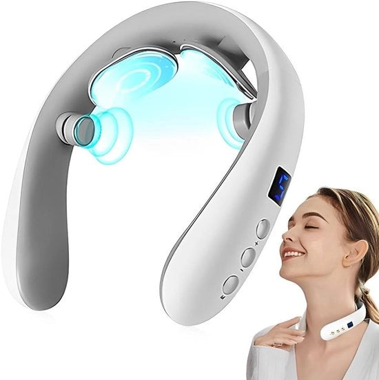 Massaggiatore per il collo con calore - Massaggio elettrico per il collo con impulsi - Massaggiatore intelligente per il collo a batteria - Apparecchio di massaggio elettrico per il collo - Infrarosso - Apparecchio di massaggio per collo e spalle - bianco