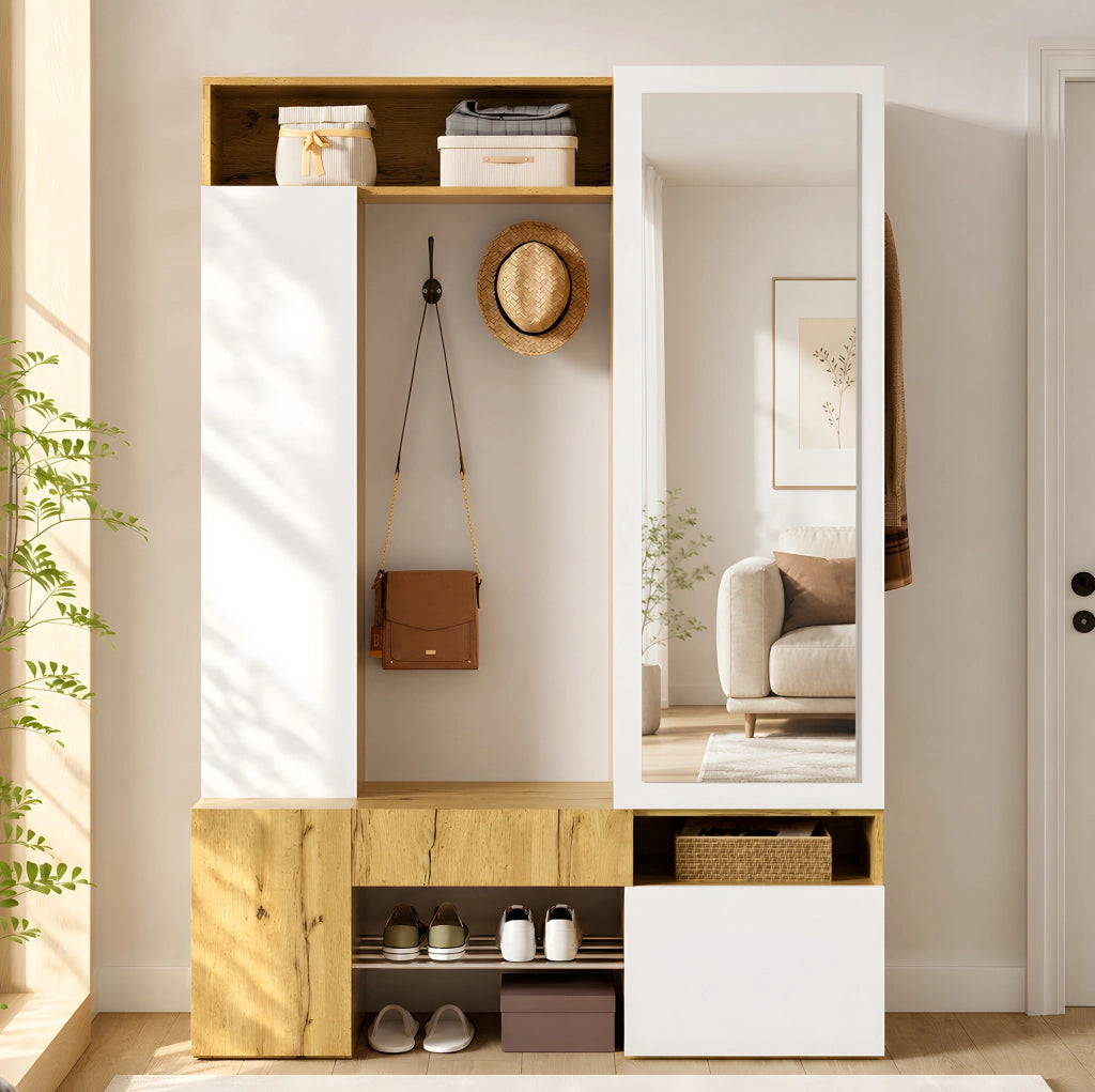 Mobile ingresso con specchio e scarpiera 127x35x180,5 cm in MDF bianco e naturale HAVRYA