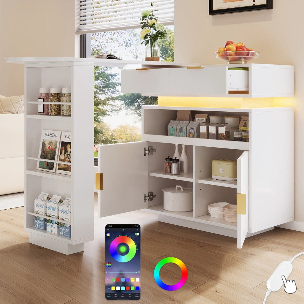 Tavolo bar allungabile con vano contenitore, piano girevole e illuminazione LED, bianco
