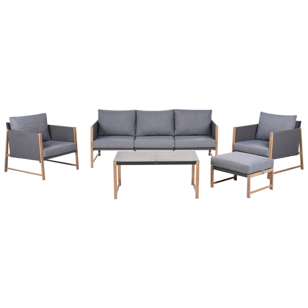 Set di divani da giardino a 5 posti Struttura in metallo grigio con finitura in legno Piano in vetro Divano a 3 posti Ottomano Poltrone