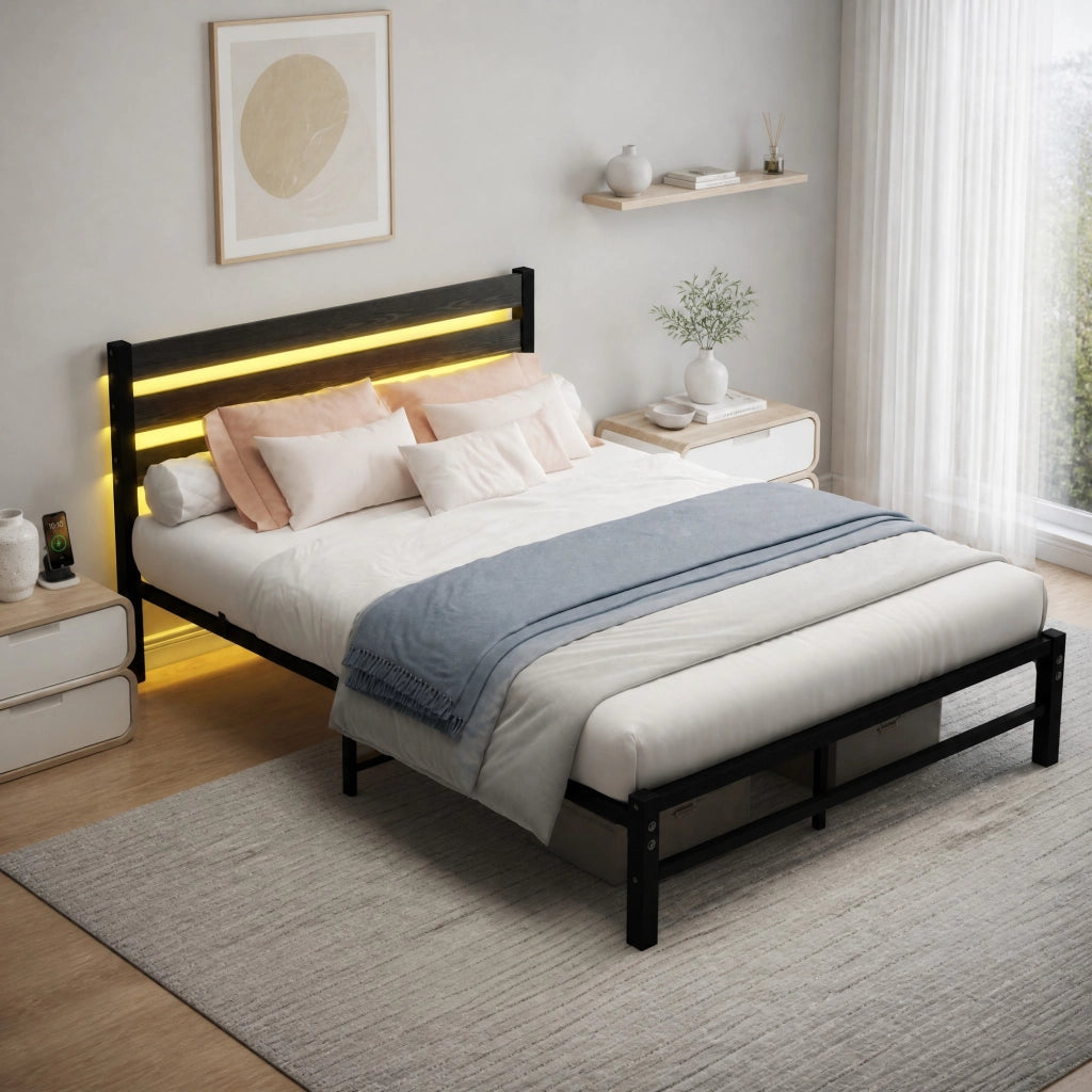 LETTO Matrimoniale 140x200 cm in MDF e Metallo Nero con LED