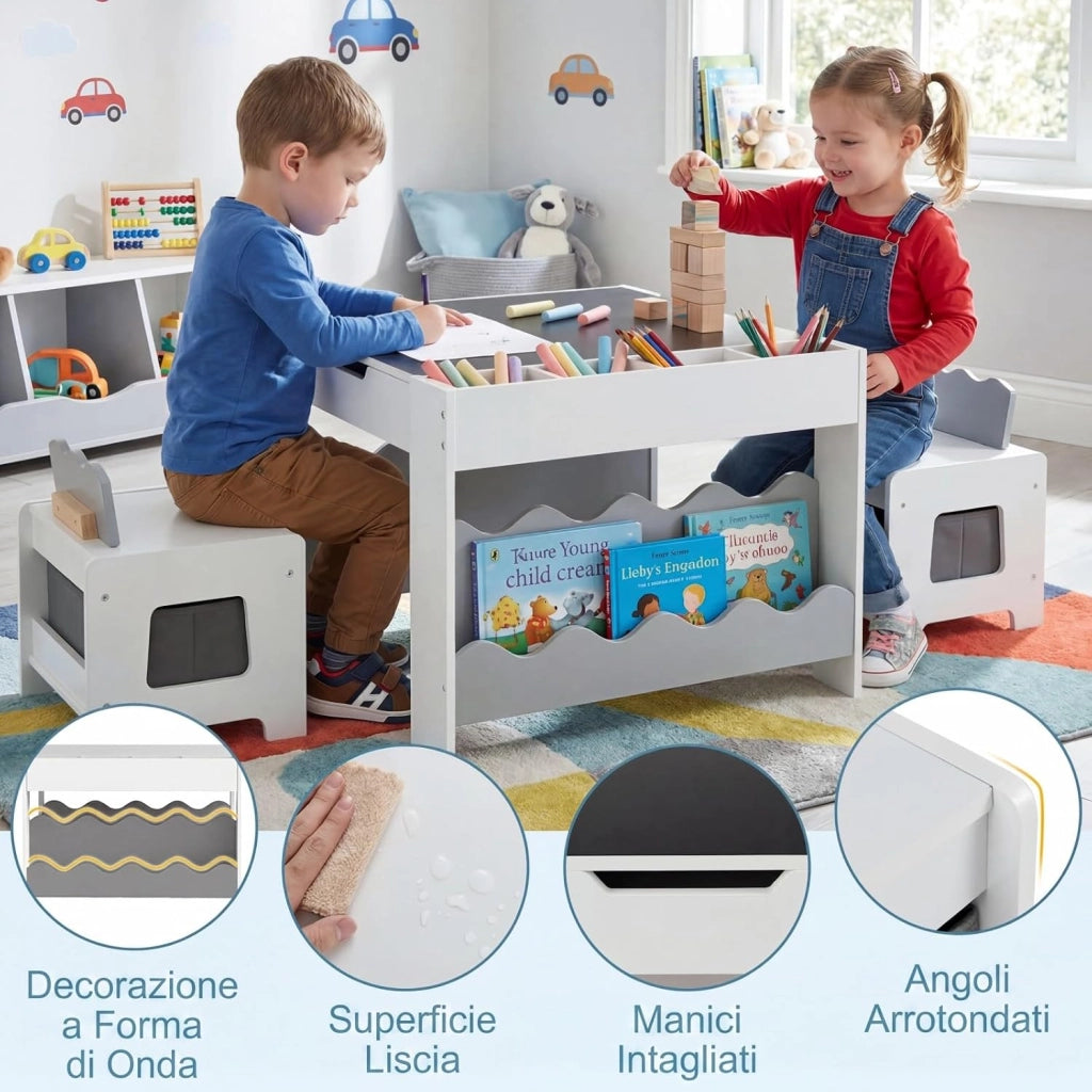4 in 1 Set Tavolo e 2 Sedie per Bambini 3+ Anni (Grigio e Bianco) | Tavolo e Sedie con Lavagna Rimovibile, Sedia con Cassetto in Tessuto, Mobile in Legno Versatile per Cameretta e Soggiorno