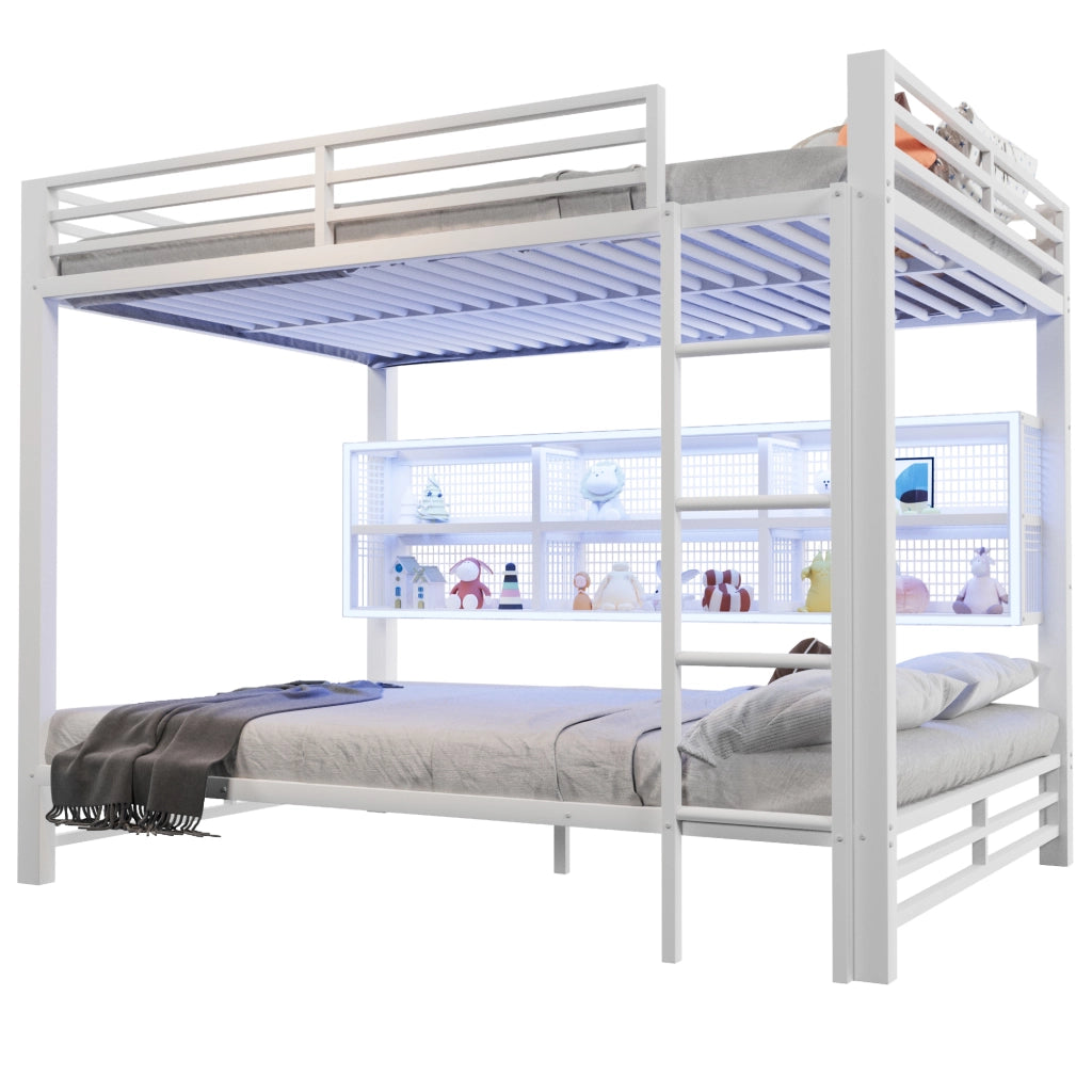 Letto a Castello 140x200 cm; con 6 Armadietti; LED - in Metallo - Bianco