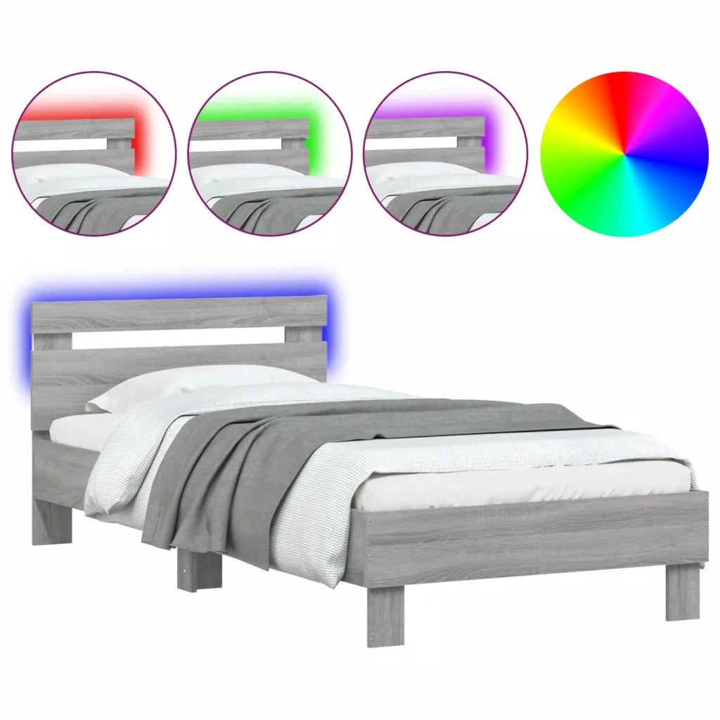 Giroletto con Testiera e LED-Struttura letto con testiera Grigio Sonoma 90x190 cm
