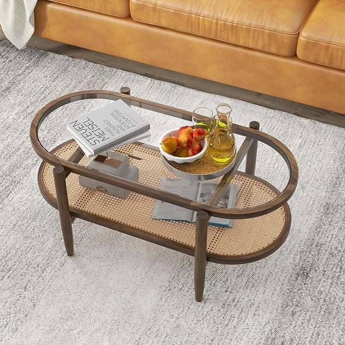 Tavolino da Caffè a 2 Piani con Spazio di Archiviazione, Tavolo Centrale in Rattan PE con Piano in Vetro Temperato, Tavolo da Salotto per Casa, Sala d'Attesa e Ufficio