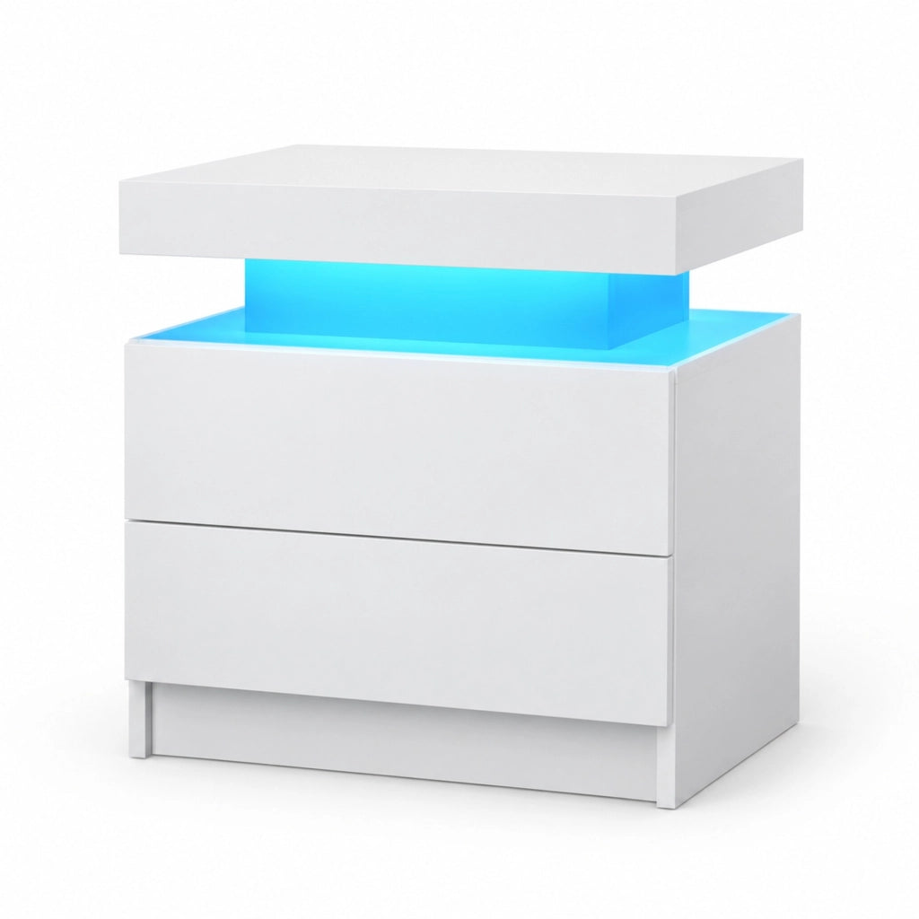 Comodino LED bianco con 2 cassetti e vano a giorno