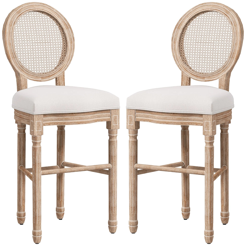 Set 2 Sgabelli da Bar con Schienale Cuscini e Poggiapiedi 48x56x118 cm in Legno e Poliestere Crema