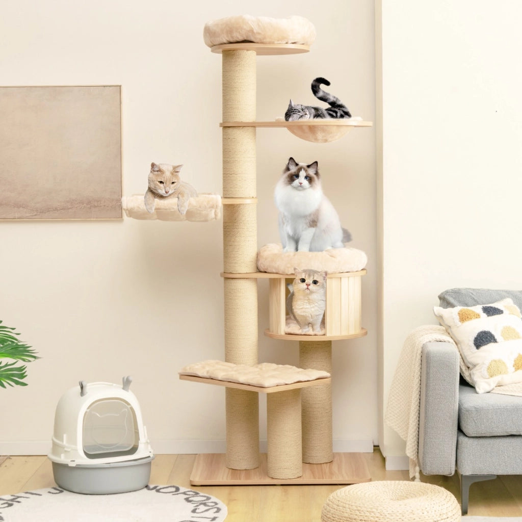 Albero tiragraffi per gatti moderno e alto, Albero per gatti multistrato con nicchia in legno trespolo Beige-Alberi Tiragraffi