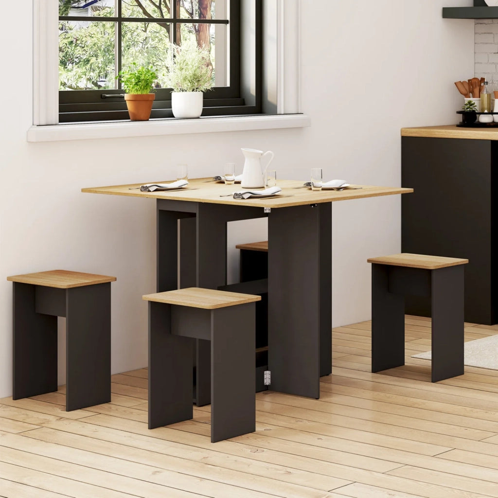 IDMarket - EDI Consolle pieghevole per 2-4 persone in legno nero con piano in faggio e 4 sgabelli