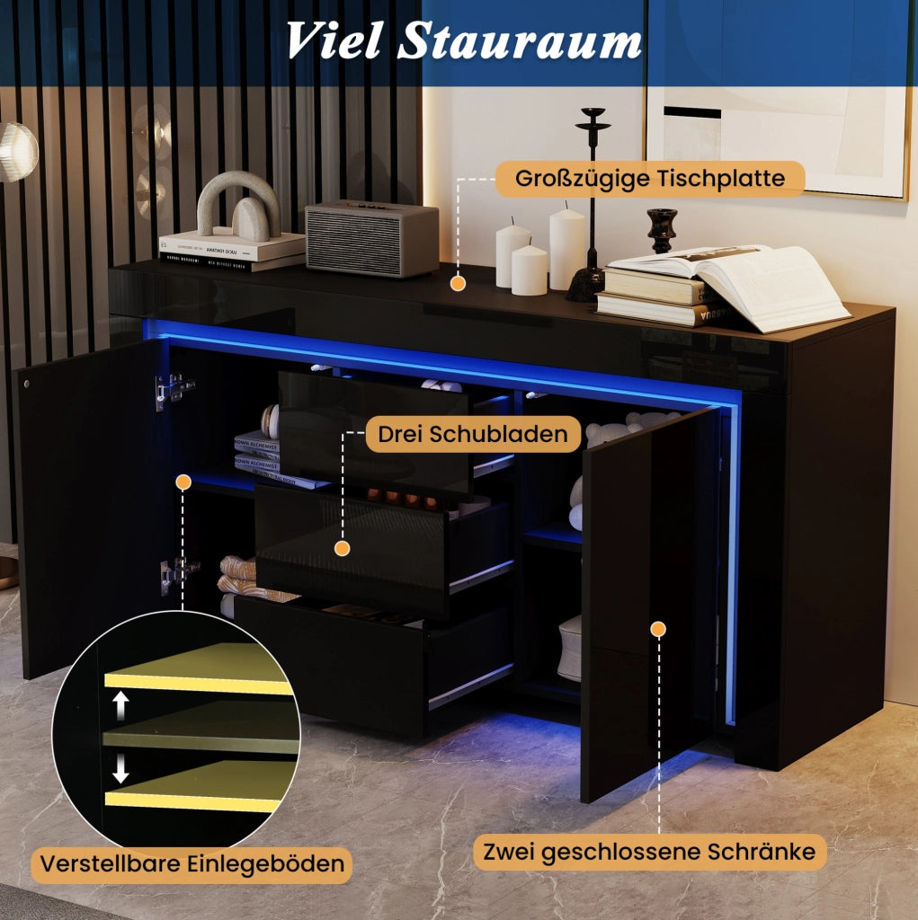 Sideboard nero lucido con 2 ante, 3 cassetti e luci LED