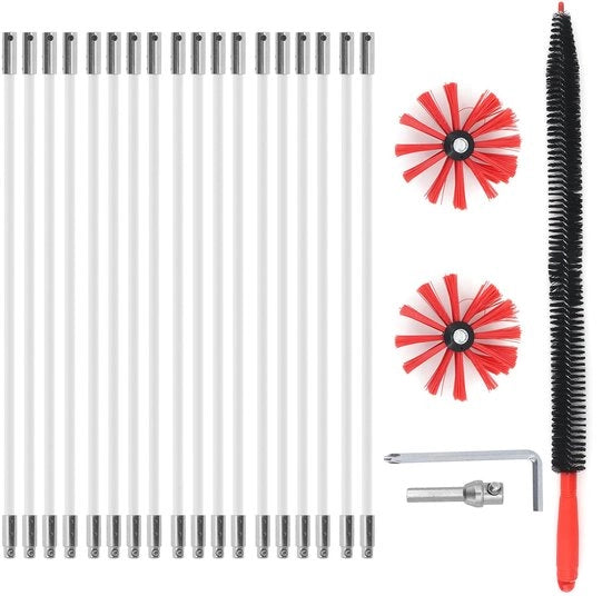 Set di 23 borsette di pulizia rosse per ventilazione di canali con steli in nylon, testine di spazzola, spazzola lunga, spazzola di camino per condizionatori d'aria, raffreddatori, camino aspirante.