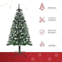Albero di Natale Innevato 150cm con Bacche Decorative Bianche, Base Rimovibile Pieghevole, 378 Rami, Verde