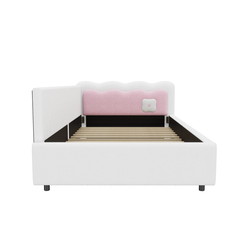 Letto singolo 90×200 cm con LED; rete inclusa; senza materasso; velluto e MDF; bianco