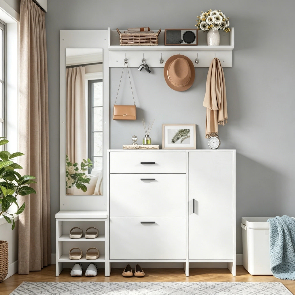 Mobile ingresso con specchio, panca, 6 ganci, 1 cassetto, 2 ante ribaltabili e 4 vani, in MDF bianco, 140 × 30 × 200 cm