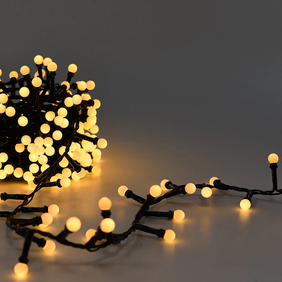 CATENA LUMINOSA LED A SFERA 500 LUCI GIALLE SU CAVO NERO DA 10 METRI - PERFETTA PER DECORAZIONI INTERNE ED ESTERNE