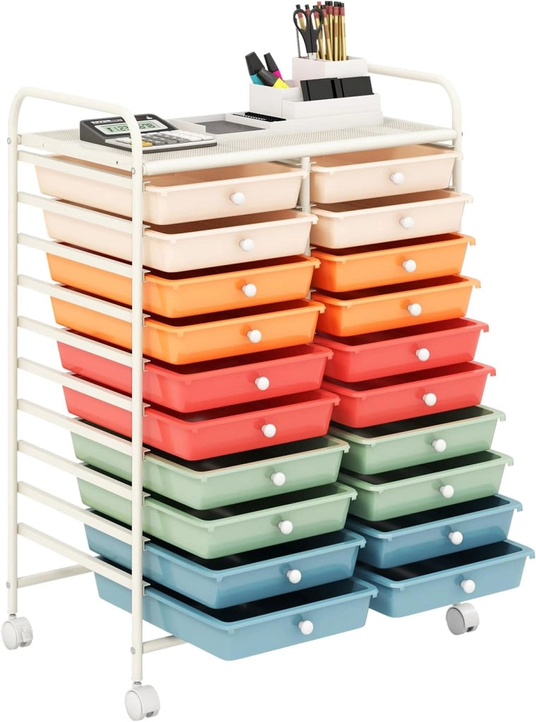 Carrello di Stoccaggio con 20 Cassetti, Carrello portaoggetti con 4 Ruote, Carrello Multiuso per Scuola Ufficio Cucina, 64 x 39 x 88 cm (Colorato 2)