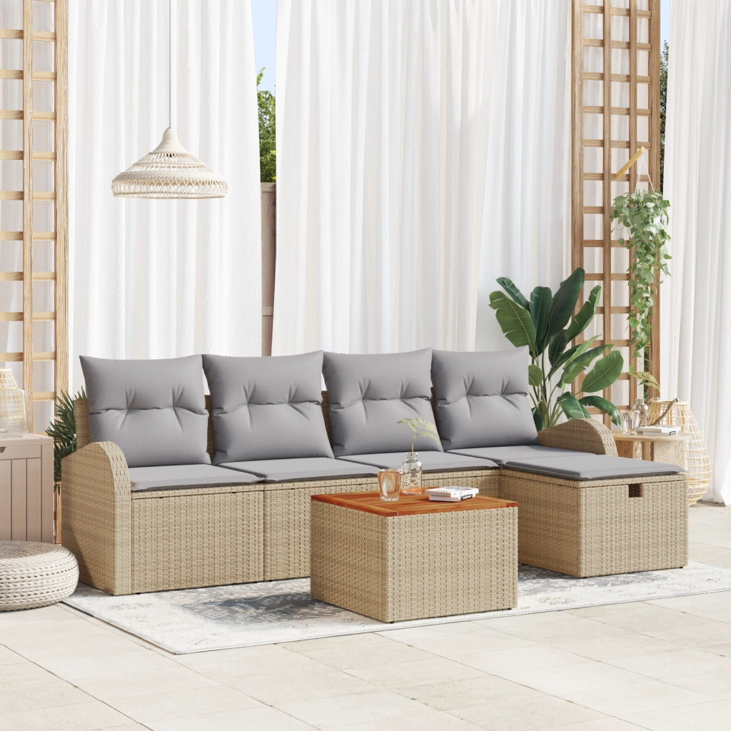 Set di divani da giardino a 6 pezzi con cuscini beige in rattan poliestere