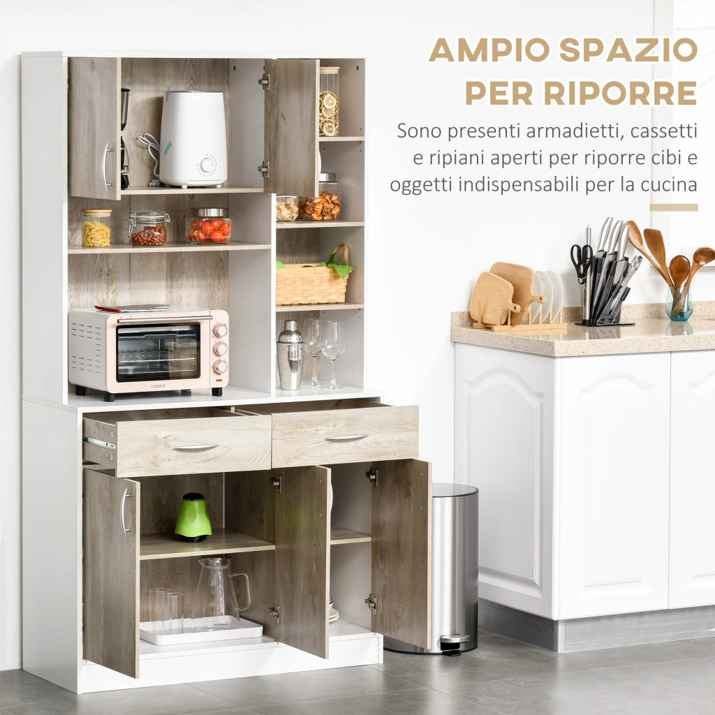 EasyComfort Mobile Buffet Dispensa Cucina, Ante Cassetti e Vani Aperti, 100L x 39P x 181.5Acm Bianco e Legno
