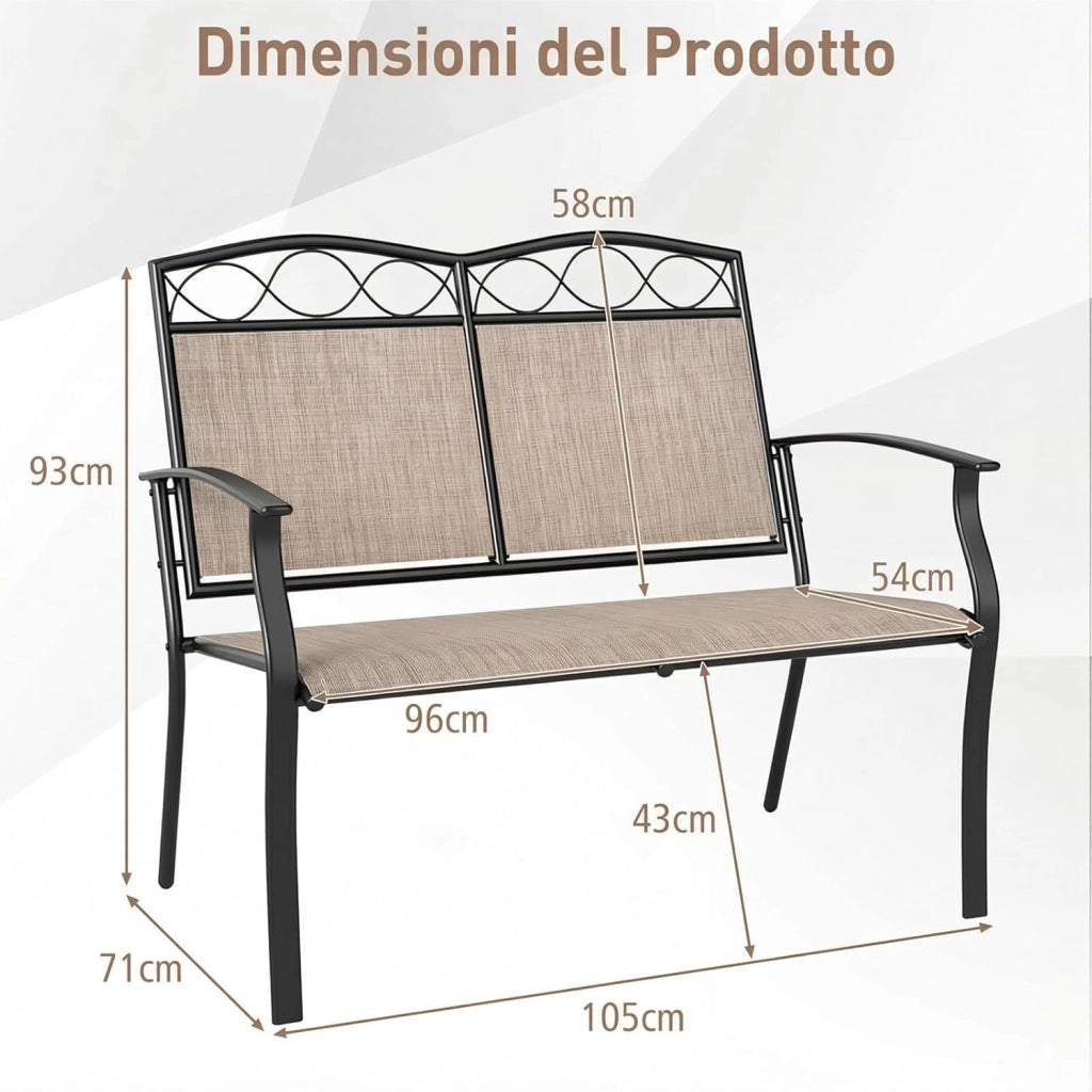 Panca da Esterno per 2 Persone, Divano in Metallo Robusto con Tessuto Traspirante, Tessuto in Textilene, con Braccioli Curvi per Giardino, Veranda, Piscina, Portata Massima 300 kg