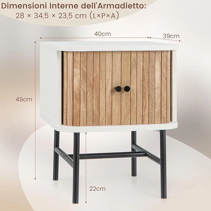 Comodino con Ante Scorrevoli, Comodino da Letto con Scomparto Chiuso, Tavolino Laterale con Gambe Metalliche, per Soggiorno, Camera da Letto, 40 x 39 x 49 cm (Bianco)