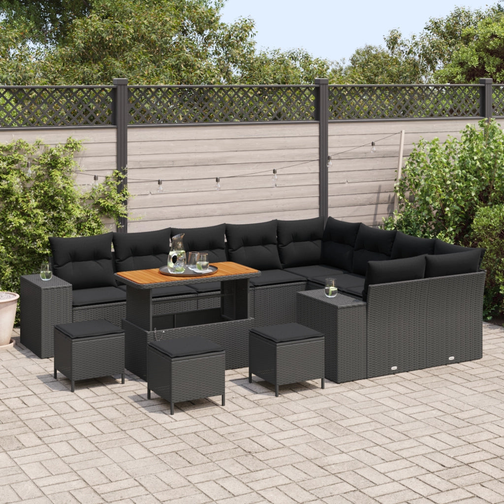 Set Divano da Giardino  da 13 pezzi con Cuscini Nero Polyrattan Acacia