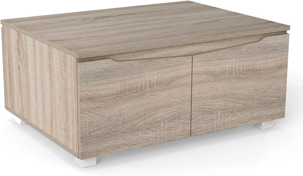 Tavolino da salotto con armadio, ante doppie su entrambi i lati e gambe antiscivolo, ampio piano e spazio interno, elegante tavolo da salotto rettangolare per soggiorno, sala